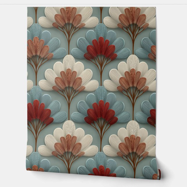 Papier Peint Art Déco Éventails Crème et Bleu (Déroulement)