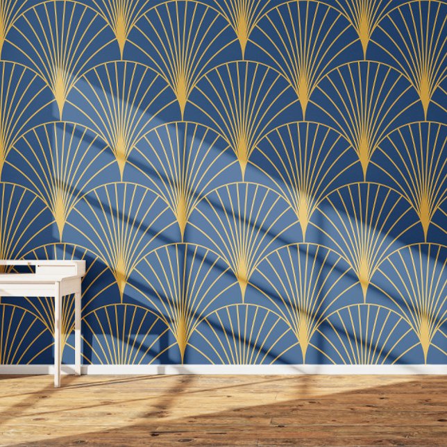 Papier Peint Art Déco Éventails Géométriques Dorés sur Fond Ble (Créateur téléchargé)