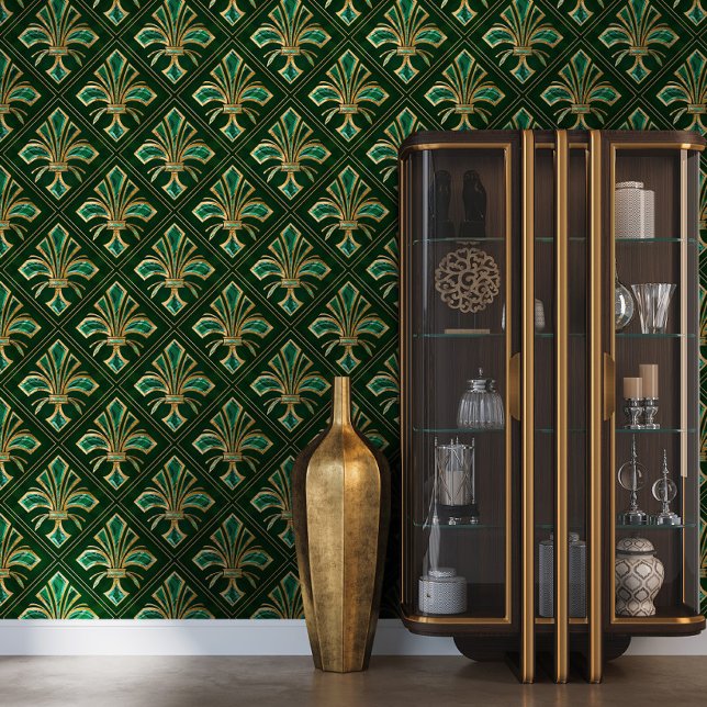 Papier Peint Art Déco Fleur de lis Malachite et Or (Créateur téléchargé)