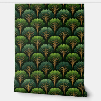 Papier Peint Art Deco Green and Gold Palm Leaves