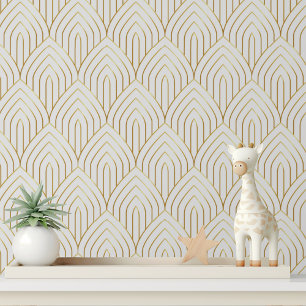 Papier Peint Art Déco Luxe Blanc Or à Coller