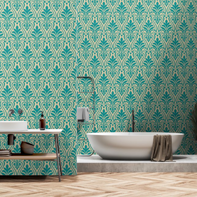 Papier Peint Art Déco Motif 01 - Turquoise sur Off-White (Salle de bain)