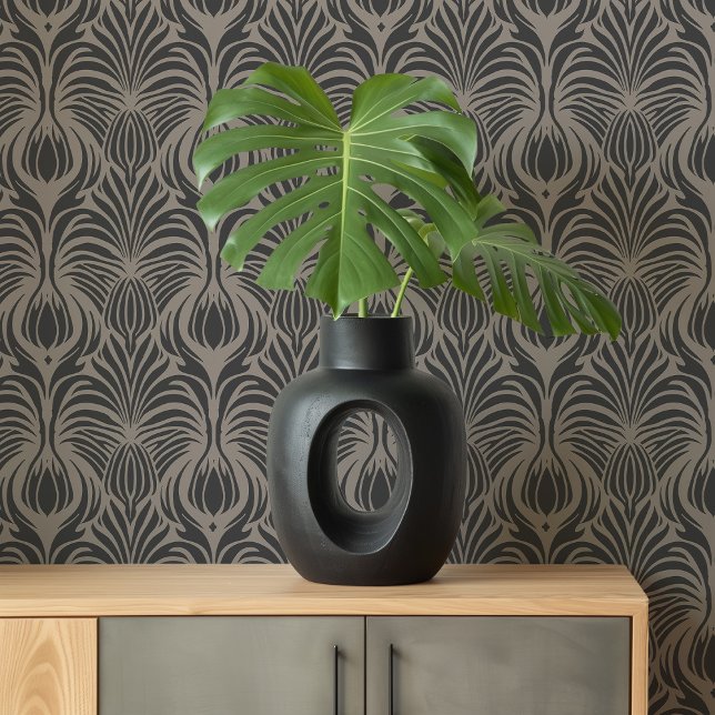 Papier Peint Art Déco Plumes florales Taupe & Charbon (Créateur téléchargé)
