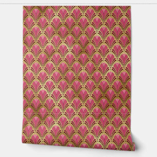 Papier Peint Art Déco Rose Rouge Or Élégant