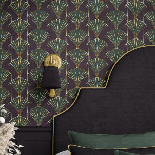 Papier Peint Art Déco Vert et Or Élégant 