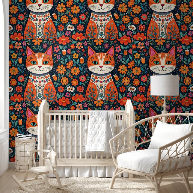 Papier Peint Art populaire Whimsical Chat et Fleurs (Enfants)