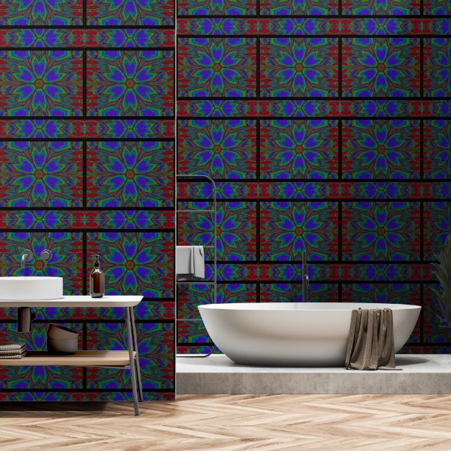Papier Peint Aube bleue, verte et rouge (Salle de bain)