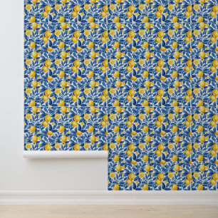 Papier Peint Azulejo Lemons Feuilles bleus