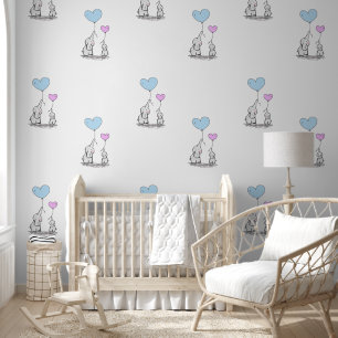 Papier Peint Baby Elephants & Pink Blue Heart Balloons Design