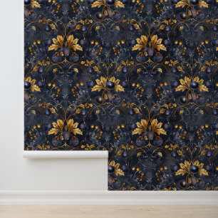 Papier Peint Baies d'or bleu foncé Royal Damask Golden Feuilles