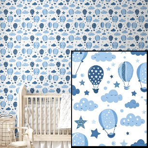 Papier Peint Ballons à air chaud bleu mou Étoiles et nuages sur