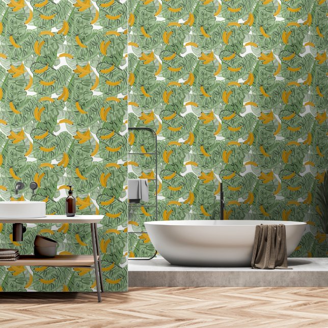 Papier Peint Banane tropicale moderne Motif vert (Salle de bain)