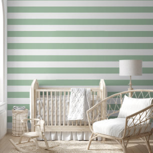 Papier Peint Bandes horizontales larges vert sauge et blanc