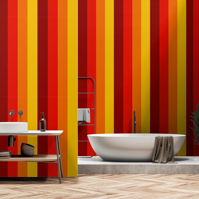 Papier Peint Bandes rétro rouge orange jaune (Salle de bain)