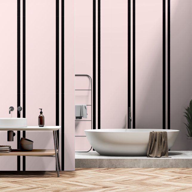 Papier Peint Bandes Verticales Noires Sur Rose Pastel (Salle de bain)
