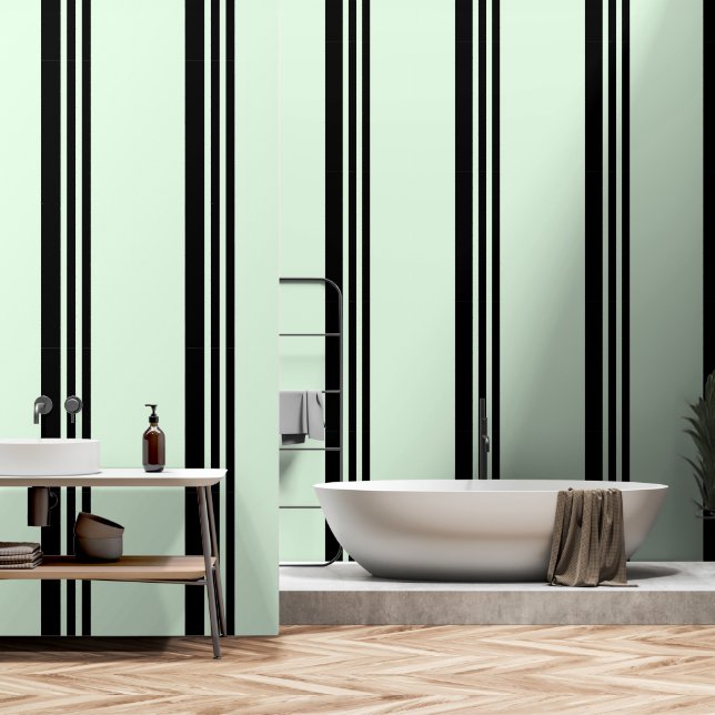 Papier Peint Bandes Verticales Noires Sur Vert Pâle (Salle de bain)