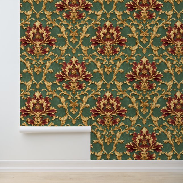 Papier Peint Baroque Damassé Or Émeraude (Application)