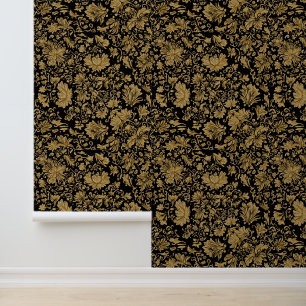 Papier Peint Baroque Floral Doré Tout sur Fond Noir