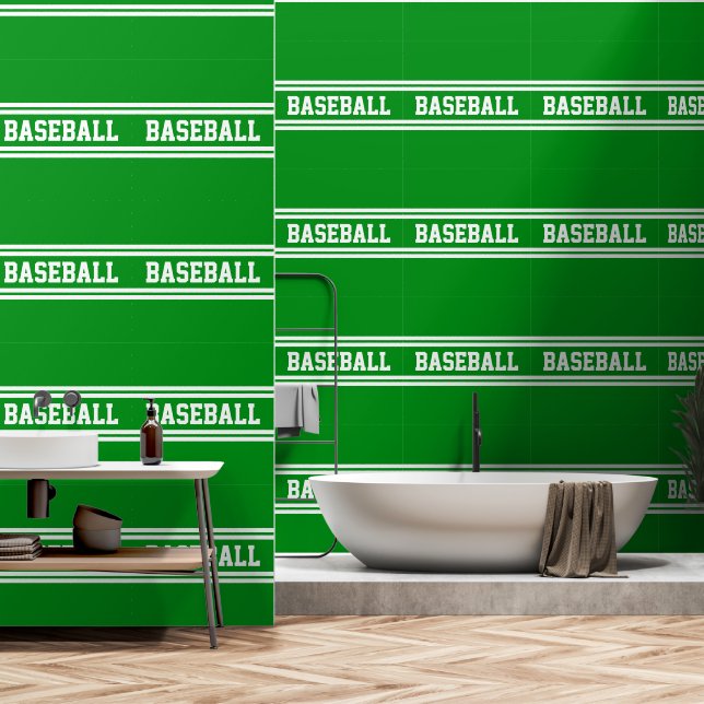 Papier Peint BASEBALL Sportif Vert Clair Rayures de Course Blan (Salle de bain)