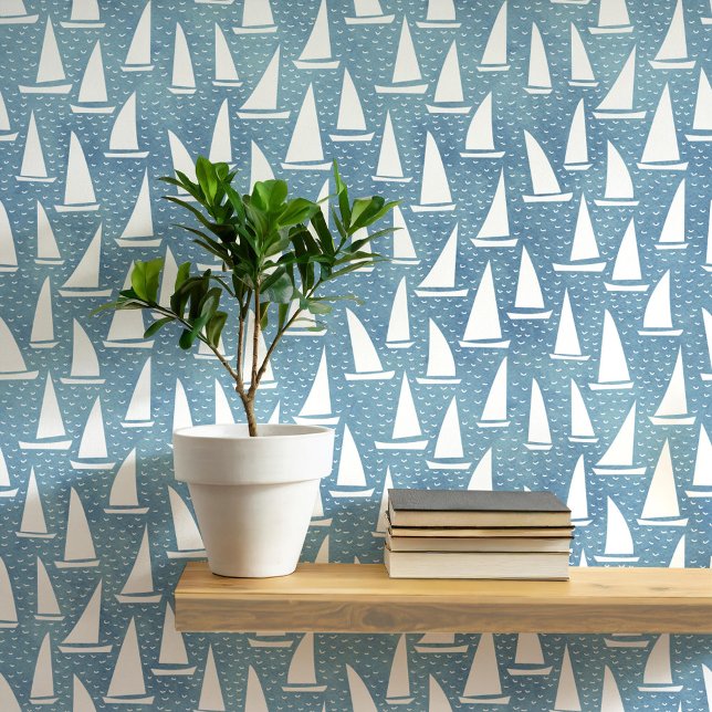 Papier Peint Bateau à voile Côtier Bleu et Blanc (Sailing boat or yacht nautical coastal blue and white art wallpaper by Nic Squirrell)