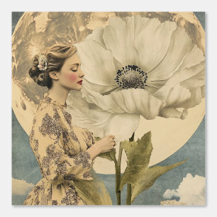 Papier Peint Beauté Lune - Femme avec Fleur Blanche et Lune