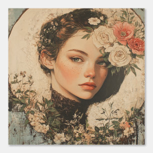 Papier Peint Beauté Lune - Femme avec Fleur et Pleine lune