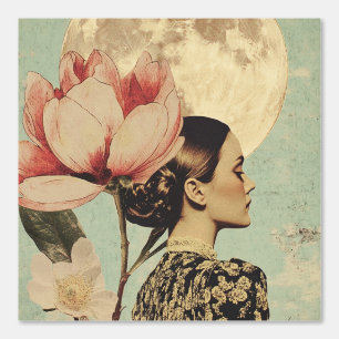 Papier Peint Beauté Lune - Femme avec Fleur Rose et Lune