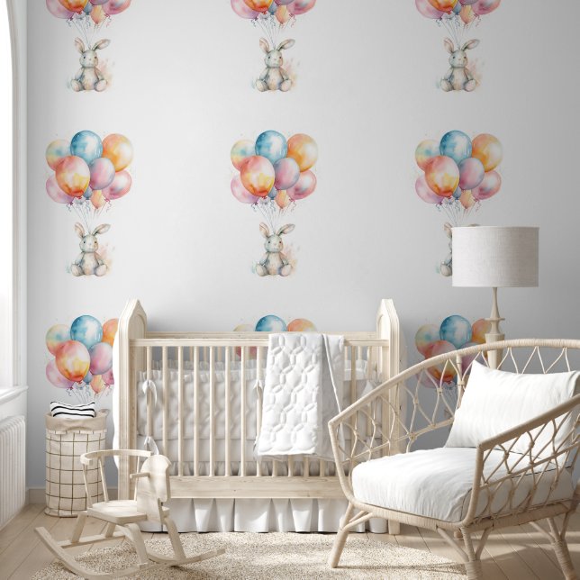 Papier Peint Bébé de chambre lapin flottant avec des ballons (Enfants)