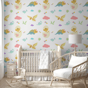 Papier Peint Bébé mignon Dinosaures Hatchlings Nuages Rose Nurs