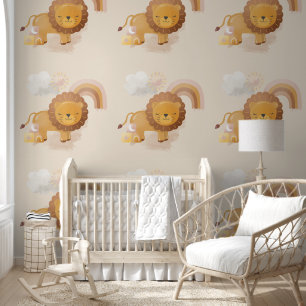 Papier Peint Bébé mignon Lion Cub & Boho Arc en ciel sur Beige