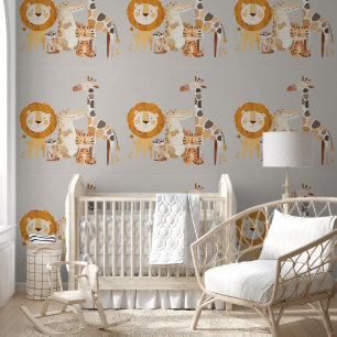 Papier Peint Bébé mignon Safari Animaux sur Smokey Beige