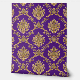 Papier Peint Belge Damask Gold sur Imperial Purple Designer