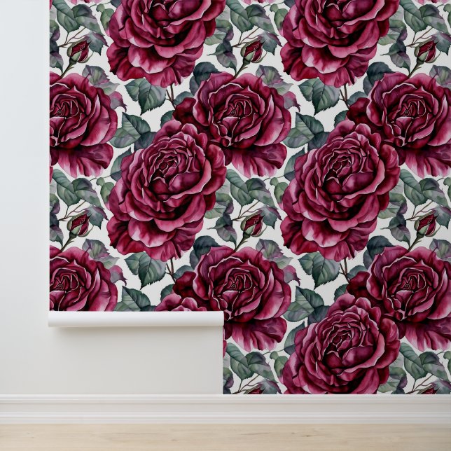 Papier Peint Belle Bourgogne Rose Floral (Application)
