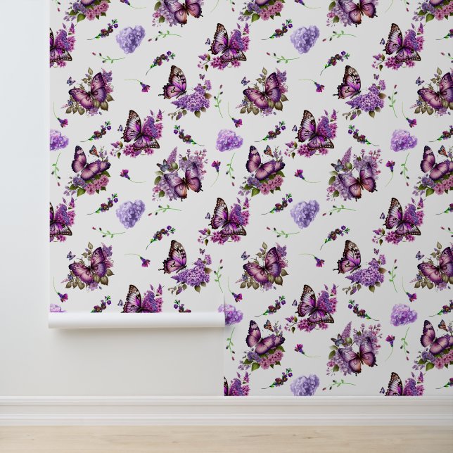Papier Peint Belle Papillons pourpres | Hydrangeas Floral (Application)