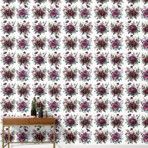 Papier Peint Belles fleurs bordeaux avec Feuilles verts