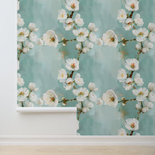 Papier Peint Belles fleurs de cerisiers sur bleu vert