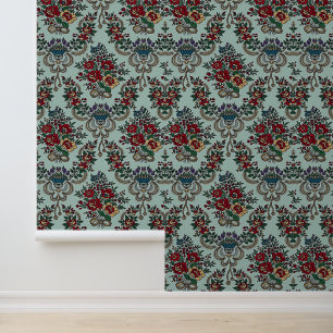 Papier Peint Belles Fleurs tendance Feuille bleu rose vert