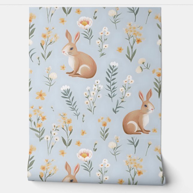 Papier Peint Bennes lapines et fleurs de printemps (Déroulement)