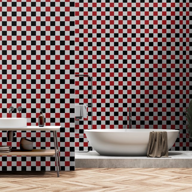 Papier Peint Black Grey et Red Check (Salle de bain)