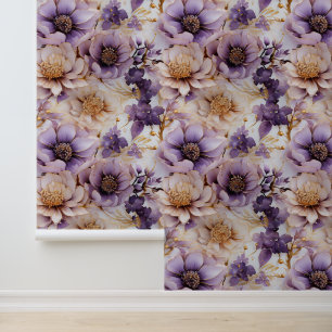 Papier Peint Blanc Or Motif Floral Violet Détachable et Colle