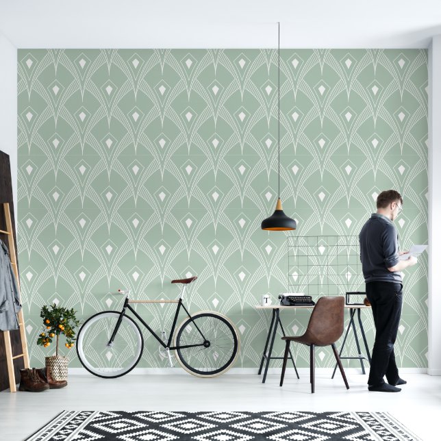 Papier Peint Blanc sur sauge vert art déco motif (Salon)
