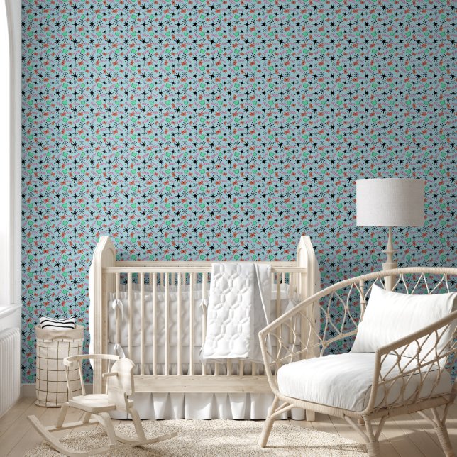 Papier Peint Bleu atomique avec rose orange noir (Enfants)
