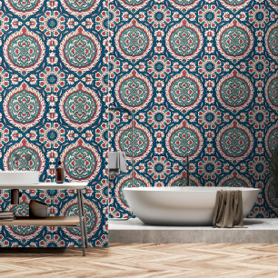 Papier Peint Bleu blanc rouge Turquoise Oriental Azulejo Motif