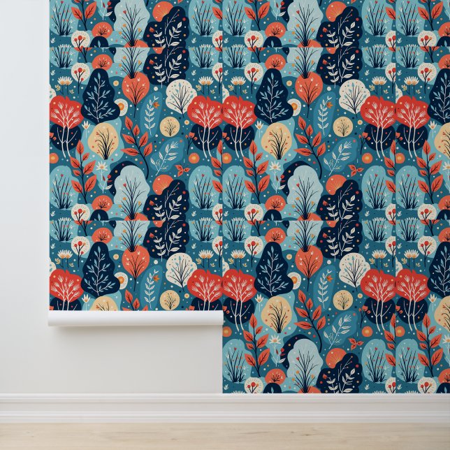 Papier Peint Bleu botanique Abstrait et Motif de corail (Application)