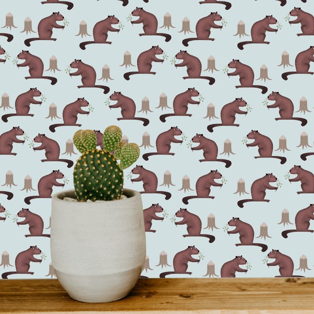 Papier Peint Bleu castor mignon (Fun Beaver woodland forest pattern art wallpaper)