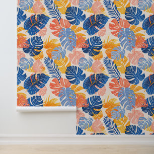 Papier Peint Bleu clair Jaune été Palme tropicale Feuille