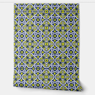 Papier Peint Bleu Jaune Blanc Floral Carrelage Vintage Ornement