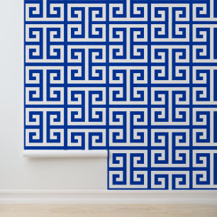 Papier Peint Bleu marine et grand motif grec clé blanc