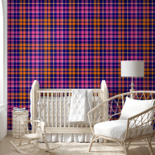 Papier Peint Bleu marine rose orange carreaux design tartan