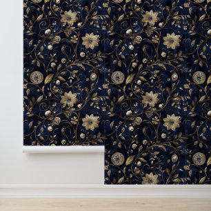 Papier Peint Bleu Nuit Or Floral Bijou